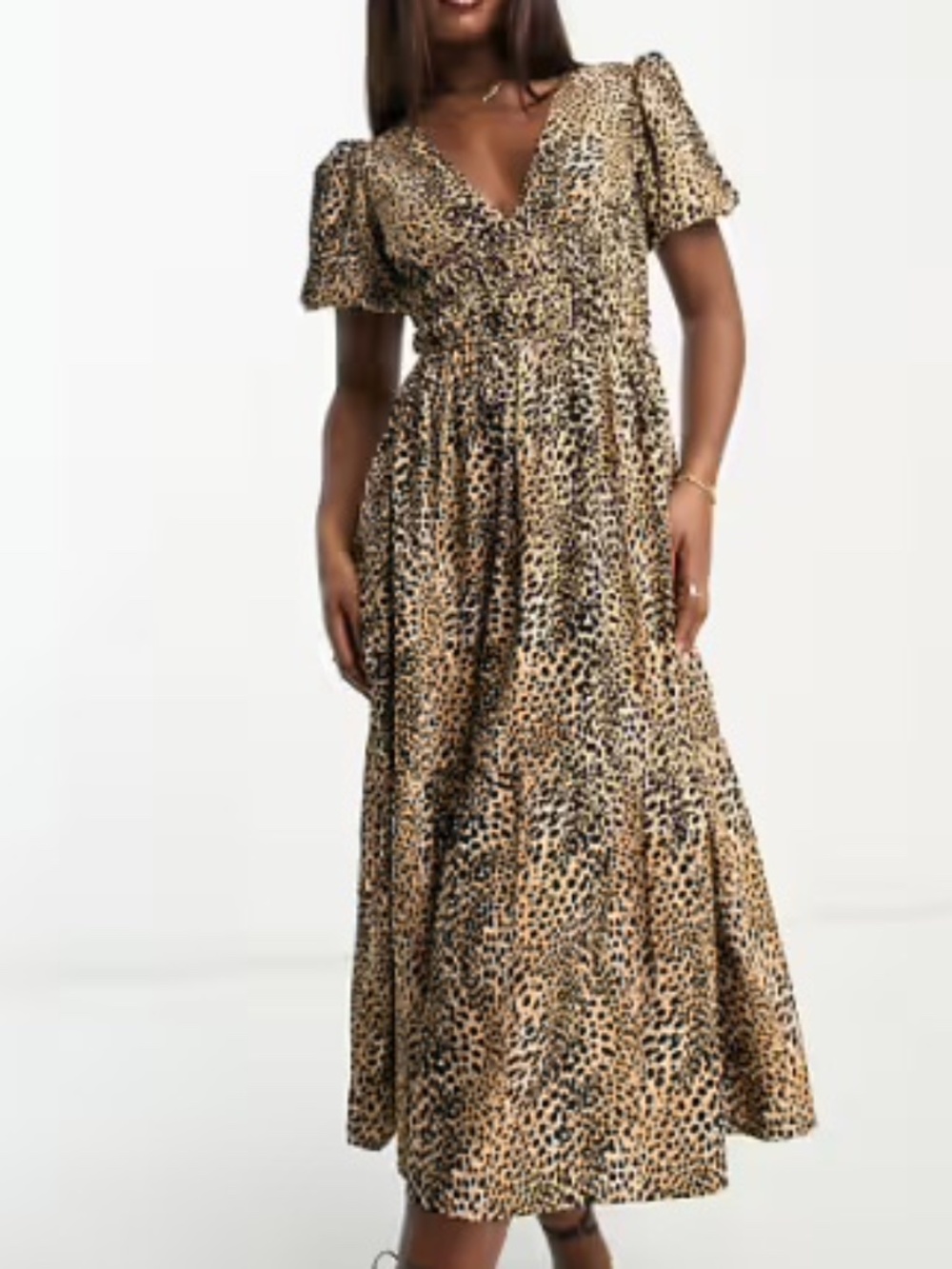 Animal Print Puff-Sleeve V-Neck Midi Dress - 8